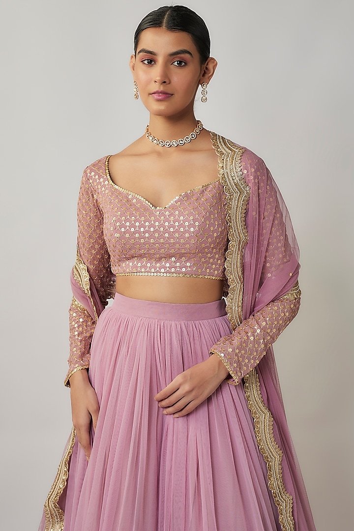 Mauve & Gold Soft Net Thread Embroidered Wedding Lehenga Set by Renee Label at Pernia's Pop Up Shop