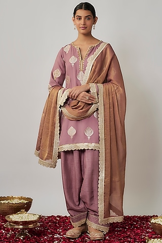 Mauve Viscose Georgette Zari & Sequins Embroidered Banarasi Kurta Set by Renee Label