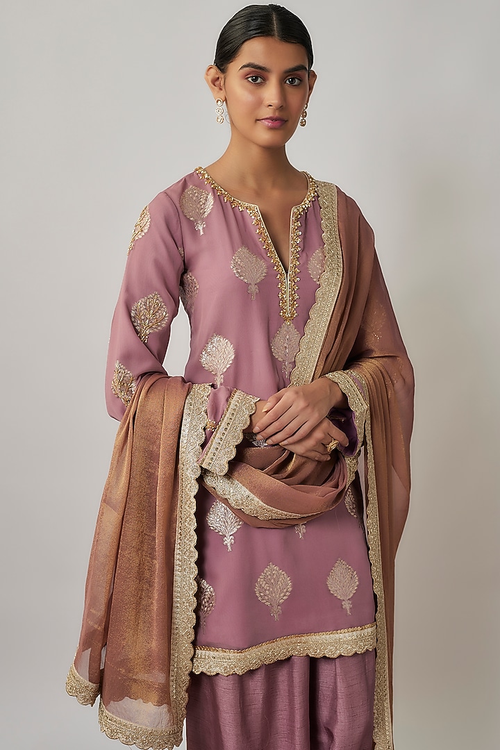 Mauve Viscose Georgette Zari & Sequins Embroidered Banarasi Kurta Set by Renee Label at Pernia's Pop Up Shop