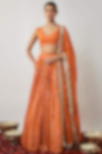 Saffron Orange Viscose Georgette Sequins & Thread Embroidered Lehenga Set by Renee Label