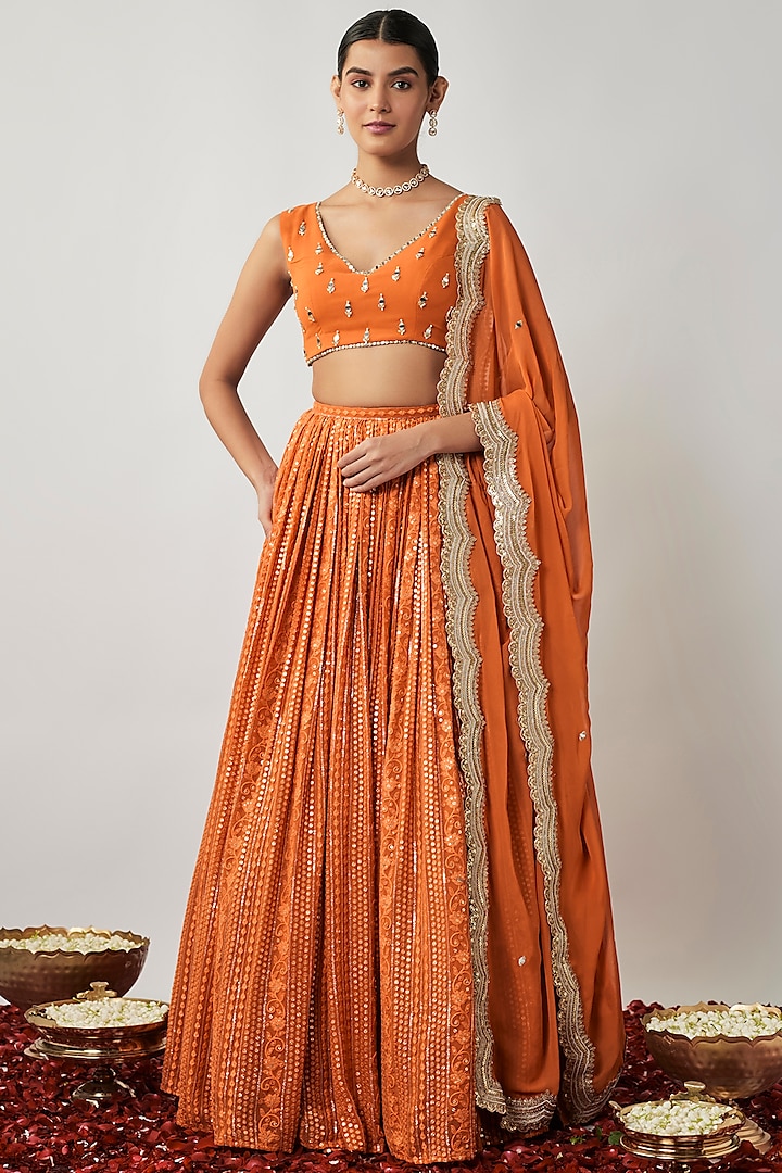 Saffron Orange Viscose Georgette Sequins & Thread Embroidered Lehenga Set by Renee Label