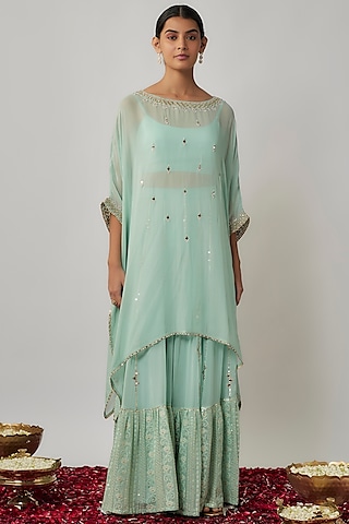Mint Viscose Georgette Thread & Sequins Embroidered Kaftan Set by Renee Label