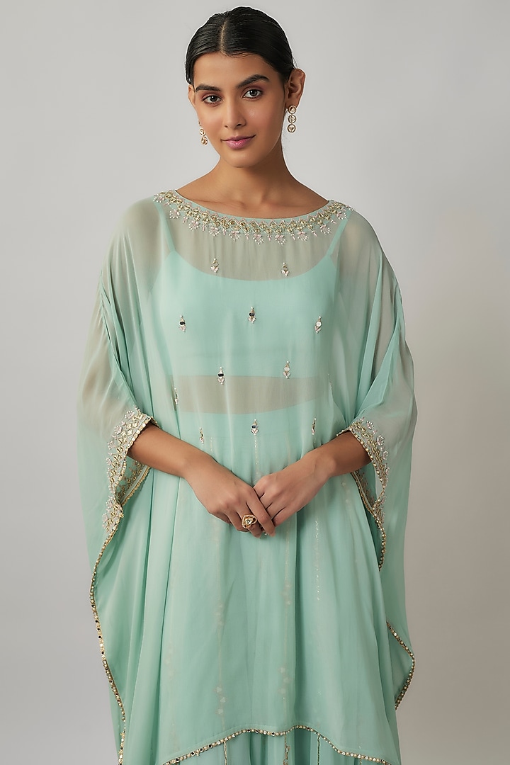 Mint Viscose Georgette Thread & Sequins Embroidered Kaftan Set by Renee Label at Pernia's Pop Up Shop