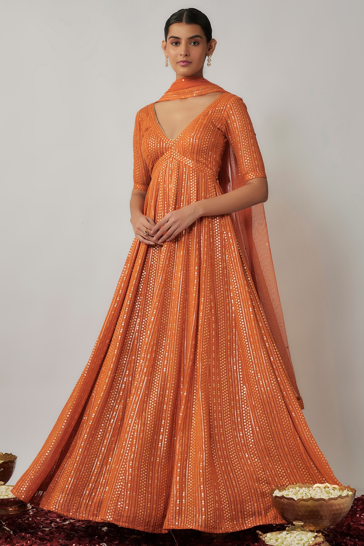 Orange anarkali gown best sale