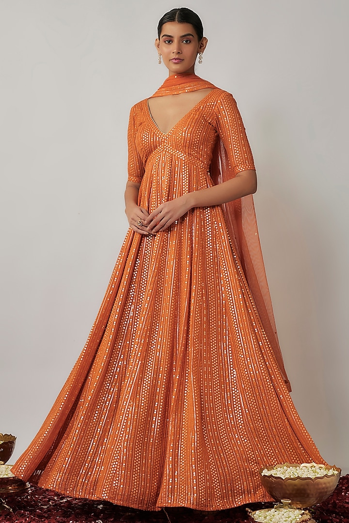 Saffron Orange Viscose Georgette Sequins & Thread Embroidered Anarkali Set by Renee Label