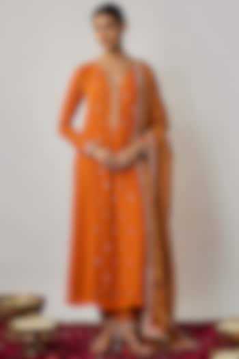 Saffron Orange Viscose Georgette Dori & Sequins Embroidered Kurta Set by Renee Label at Pernia's Pop Up Shop