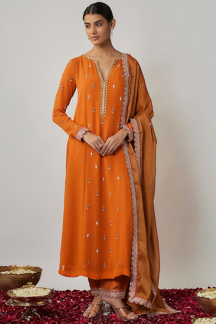 Saffron Orange Viscose Georgette Dori & Sequins Embroidered Kurta Set by Renee Label at Pernia's Pop Up Shop