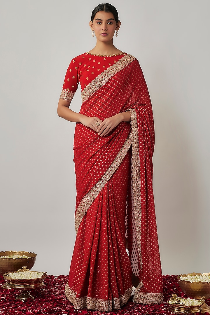 Red Viscose Georgette Dori & Sequins Embroidered Banarasi Saree Set by Renee Label at Pernia's Pop Up Shop