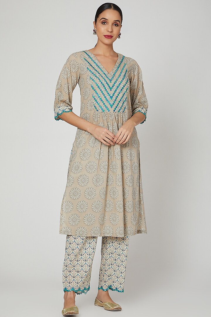 Beige Block Printed & Embroidered Kurta With Pants by Renee Label