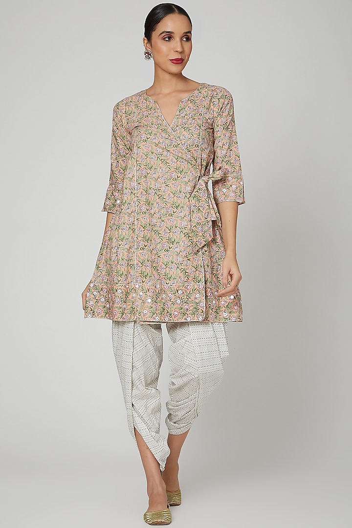 Beige Block Printed & Embroidered Kurta With Dhoti by Renee Label