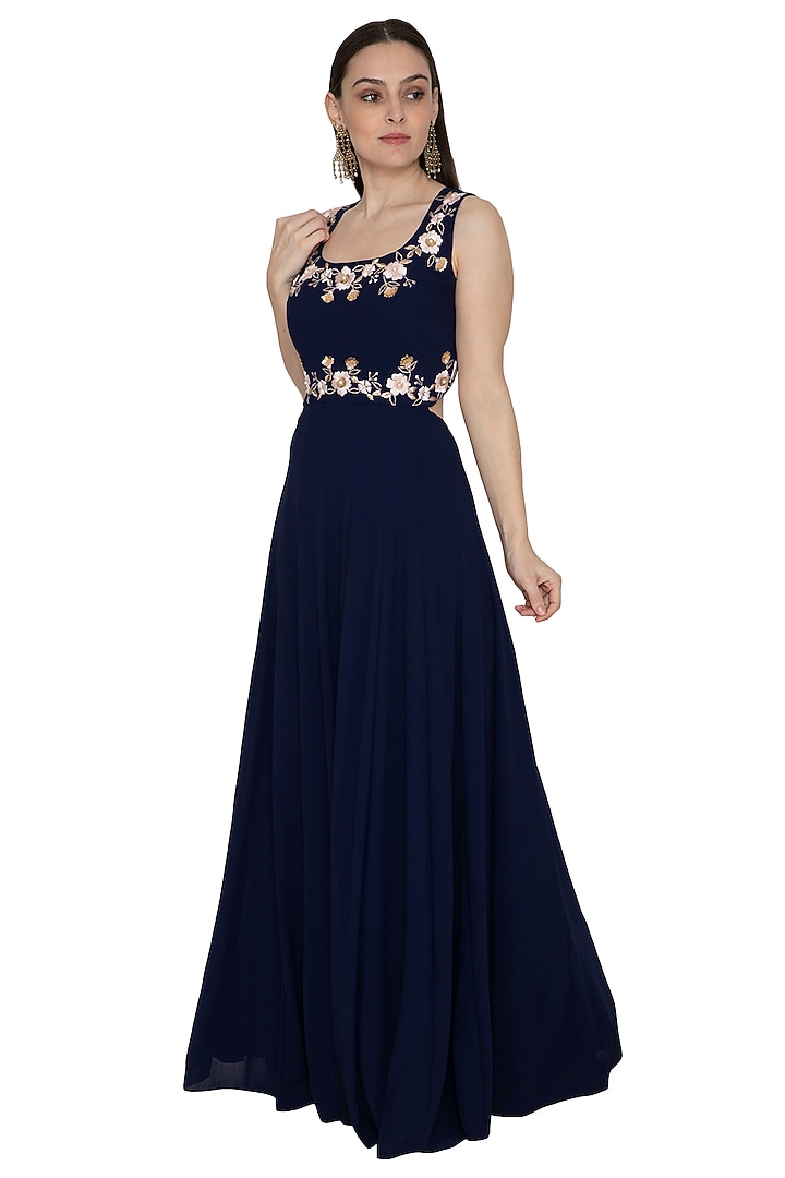 Navy Blue Embroidered Party Wear Gown by Renee Label at Pernia's Pop Up Shop