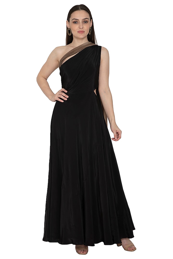 Black One Shoulder Draped Gown by Renee Label