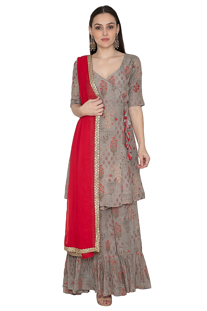 Slated Grey Embroidered & Printed Sharara Set by Renee Label
