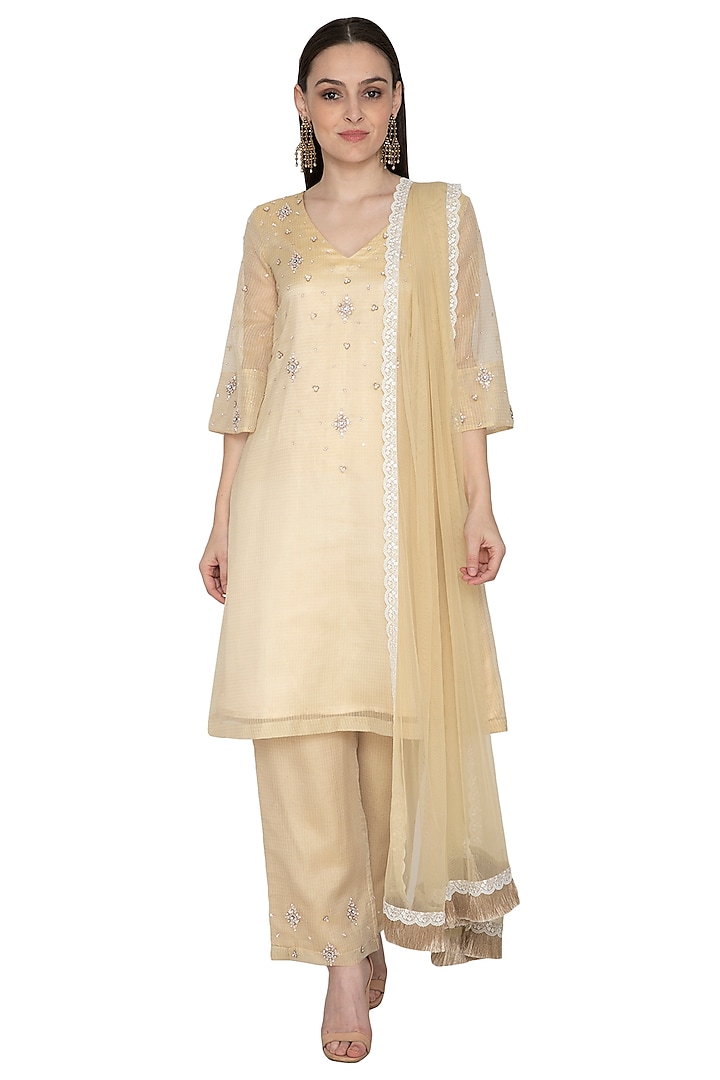 Light Gold Embroidered Kurta Set by Renee Label