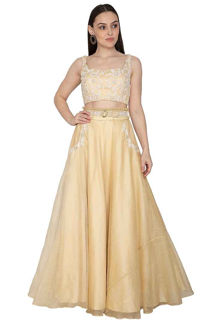 Light Gold Embroidered Lehenga Set With Belt by Renee Label
