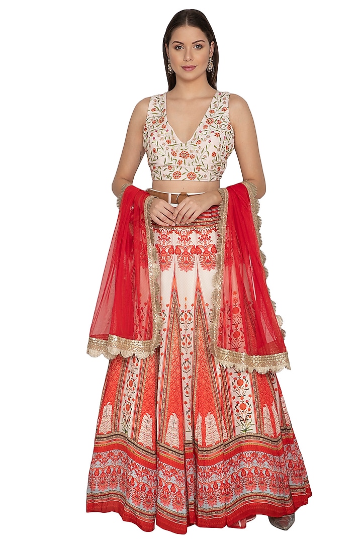Scarlet Red Embroidered Lehenga Set by Renee Label