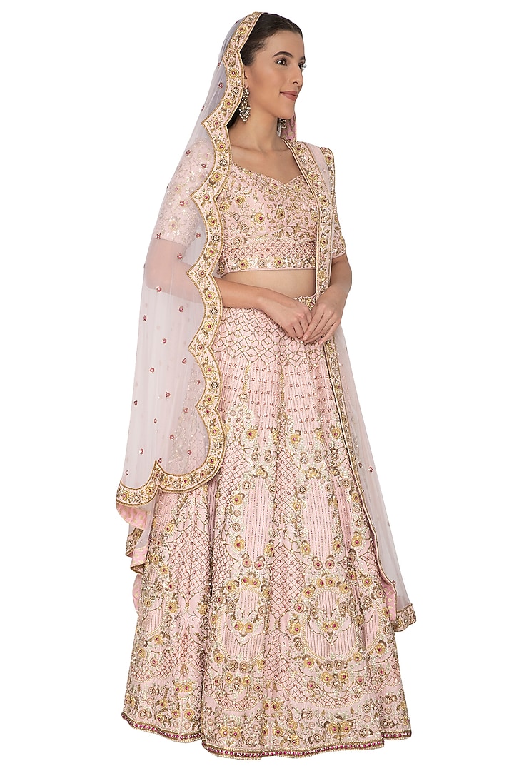 Blush Pink Embroidered Bridal Lehenga Set With Two Dupattas by Renee Label at Pernia's Pop Up Shop