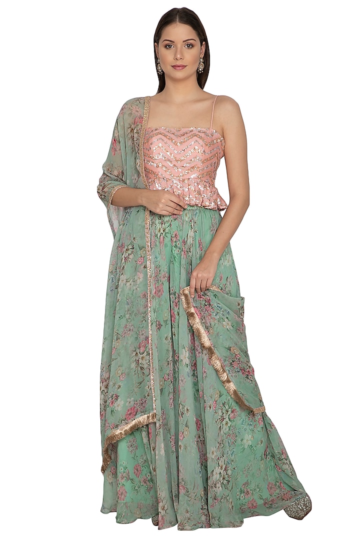 Mint Blue & Blush Pink Printed Embroidered Sharara Set by Renee Label