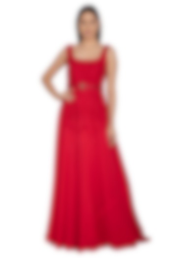 Crimson Red Embroidered Gown With Belt by Renee Label