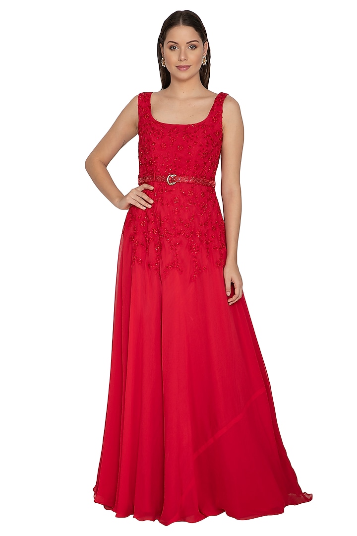Crimson Red Embroidered Gown With Belt by Renee Label