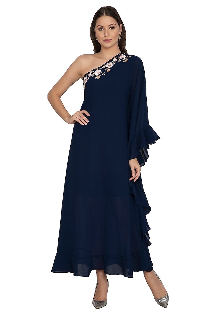 Navy Blue Embroidered Kaftan With Pants by Renee Label