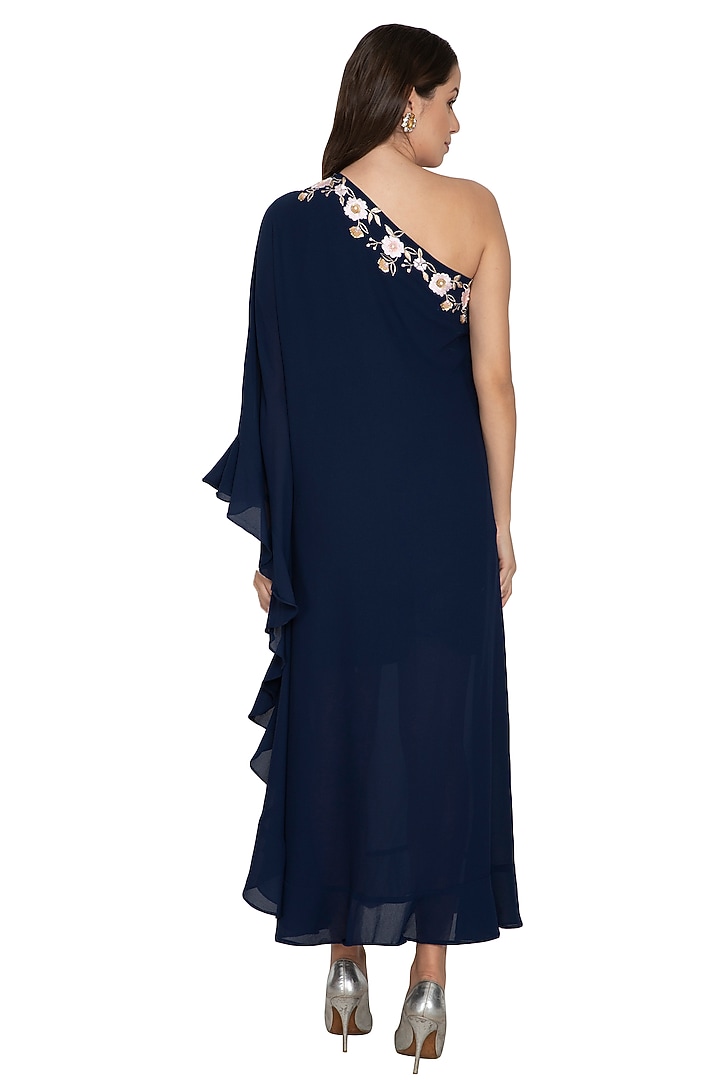 Navy Blue Embroidered Kaftan With Pants by Renee Label at Pernia's Pop Up Shop