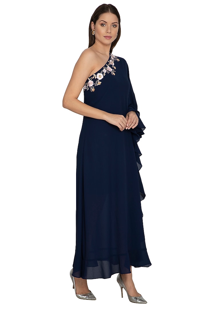 Navy Blue Embroidered Kaftan With Pants by Renee Label at Pernia's Pop Up Shop
