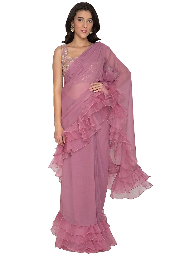Mauve Ruffled Party Wear Saree Set by Renee Label at Pernia's Pop Up Shop