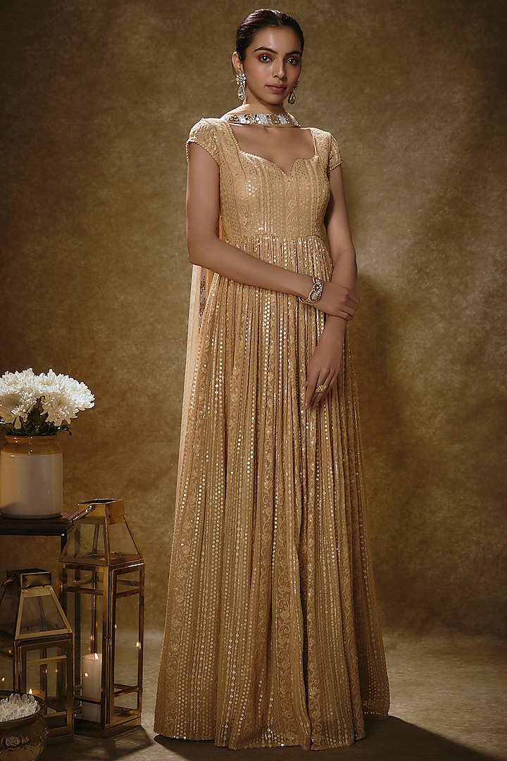 Rose Gold Viscose Georgette Sequins Embroidered Anarkali Set by Renee Label