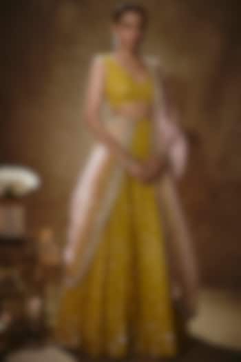 Citrine Yellow Viscose Georgette Thread Embellished Lehenga Set by Renee Label