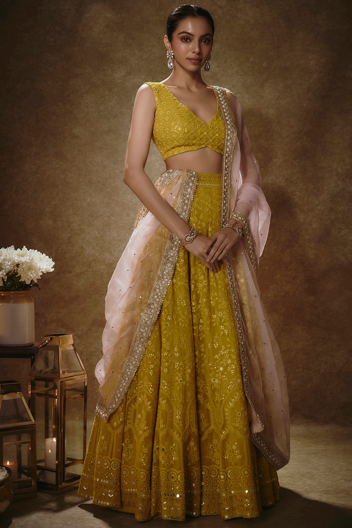 Citrine yellow georgette and organza lehenga set
