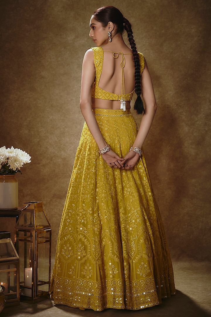 Citrine Yellow Viscose Georgette Thread Embellished Wedding Lehenga Set by Renee Label at Pernia's Pop Up Shop