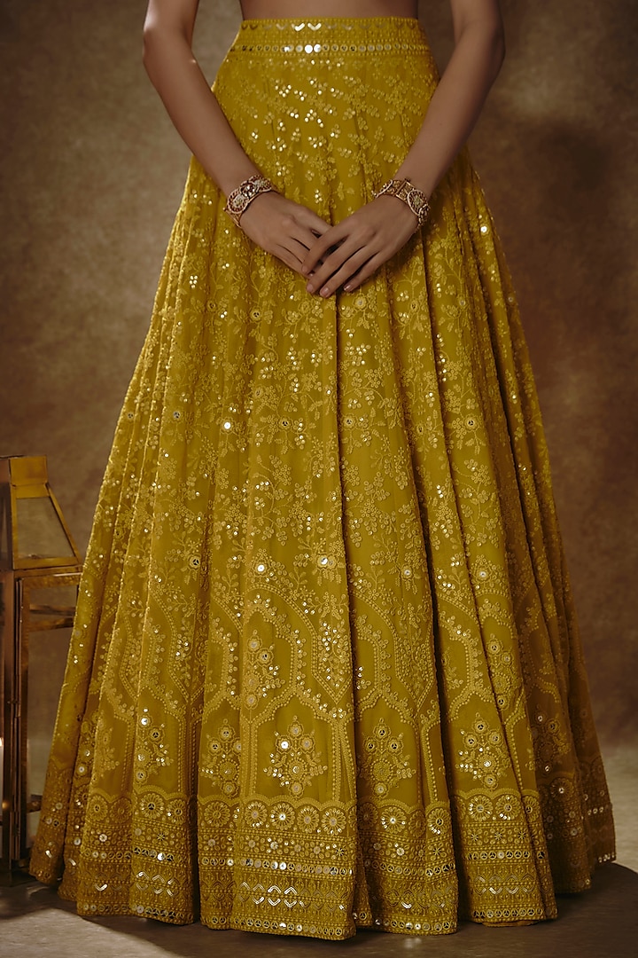 Citrine Yellow Viscose Georgette Thread Embellished Wedding Lehenga Set by Renee Label at Pernia's Pop Up Shop