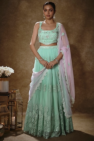 Mint Soft Net Cutdana Embellished Lehenga Set by Renee Label