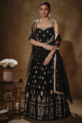 Black Viscose Georgette Machine Embroidered Lehenga Set by Renee Label