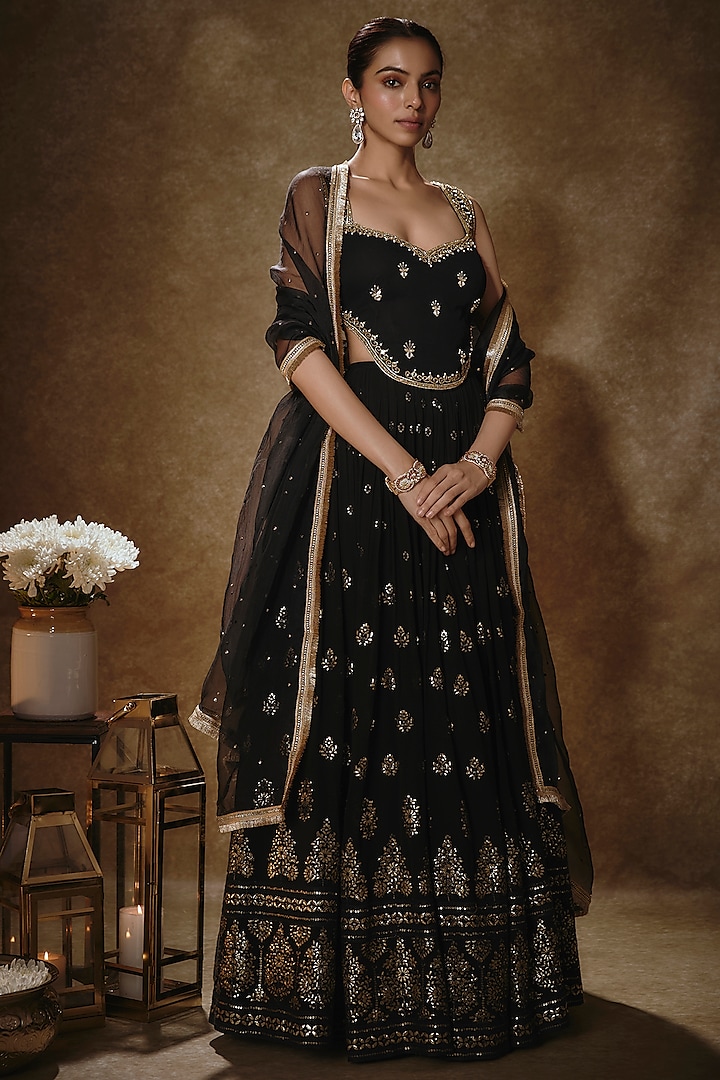 Black Viscose Georgette Machine Embroidered Wedding Lehenga Set by Renee Label at Pernia's Pop Up Shop