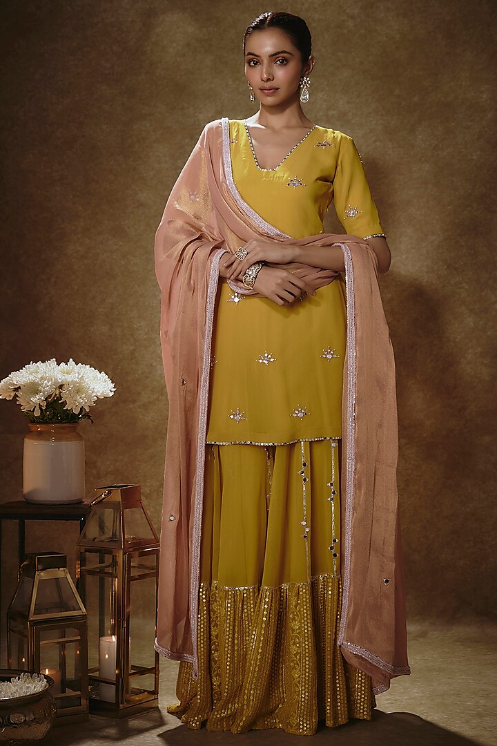 Citrine Yellow Viscose Georgette Sequins Embroidered Sharara Set by Renee Label