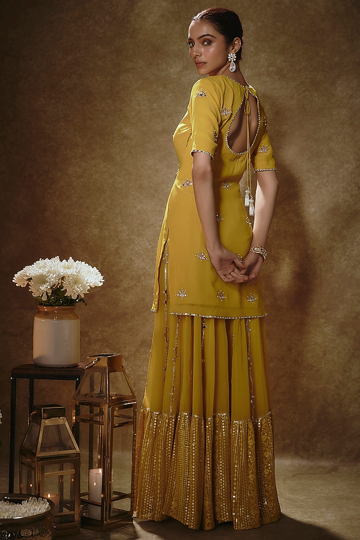 Citrine Yellow Viscose Georgette Sequins Embroidered Wedding Sharara Set by Renee Label at Pernia's Pop Up Shop