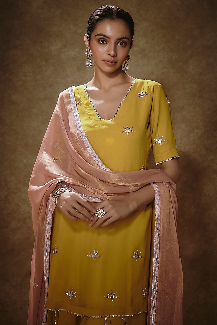 Citrine Yellow Viscose Georgette Sequins Embroidered Wedding Sharara Set by Renee Label at Pernia's Pop Up Shop