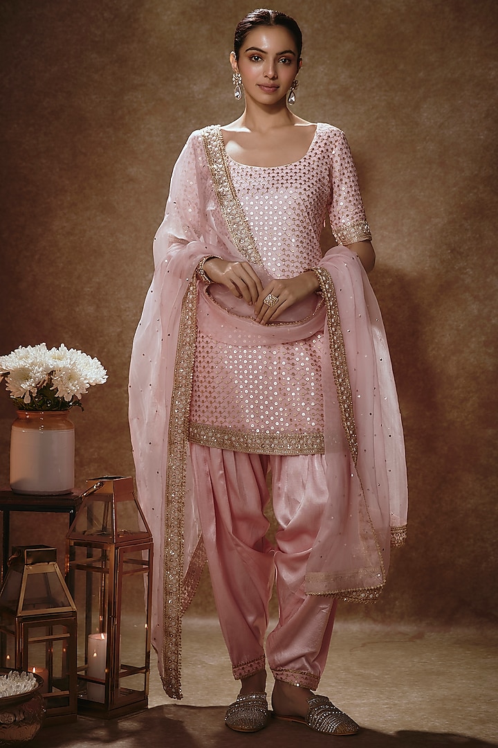 Blush Pink Viscose Georgette Sequins Embellished Kurta Set by Renee Label