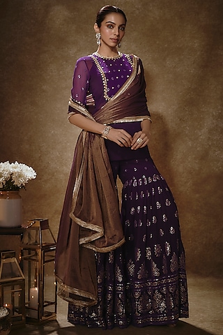 Royal Purple Viscose Georgette Machine Embroidered Gharara Set by Renee Label