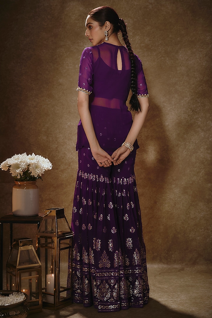 Royal Purple Viscose Georgette Machine Embroidered Gharara Set by Renee Label at Pernia's Pop Up Shop