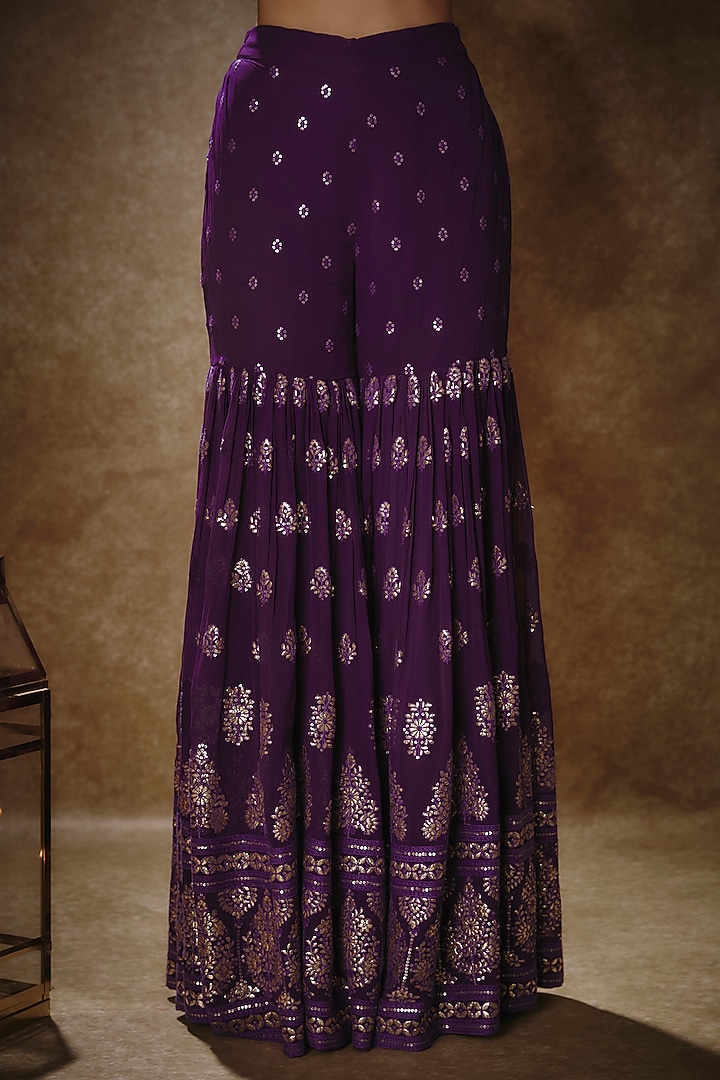 Royal Purple Viscose Georgette Machine Embroidered Gharara Set by Renee Label at Pernia's Pop Up Shop