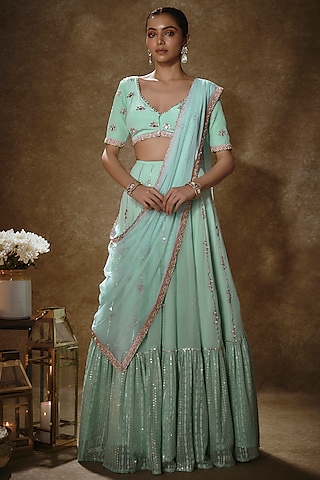 Mint Viscose Georgette Mirror Work Lehenga Set by Renee Label