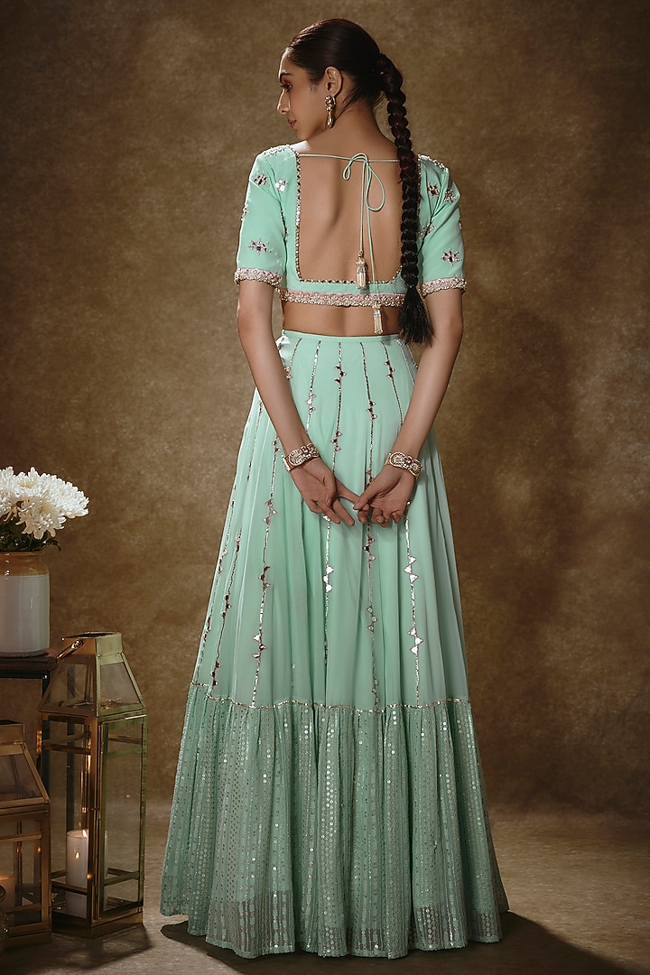 Mint Viscose Georgette Mirror Work Lehenga Set by Renee Label at Pernia's Pop Up Shop