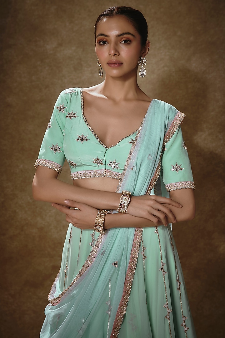 Mint Viscose Georgette Mirror Work Lehenga Set by Renee Label at Pernia's Pop Up Shop