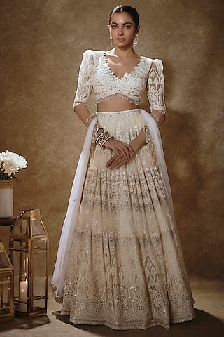 Porcelain White Soft Net Dori Embroidered Lehenga Set by Renee Label