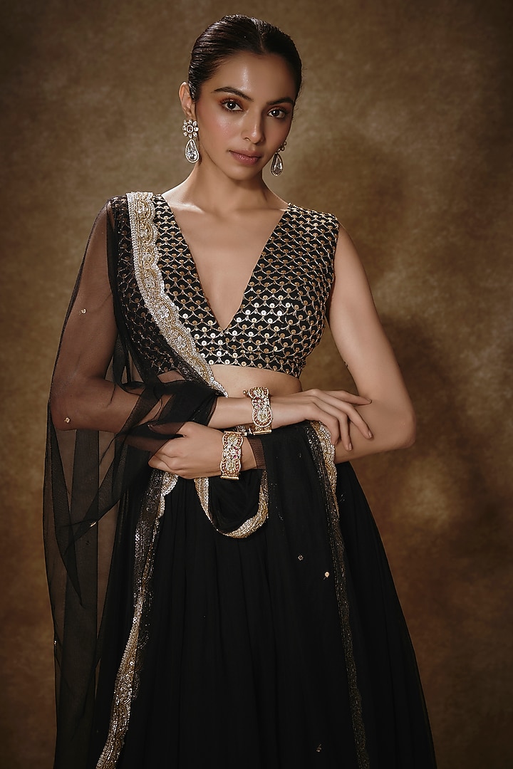 Black Viscose Georgette Sequins Embroidered Wedding Lehenga Set by Renee Label at Pernia's Pop Up Shop