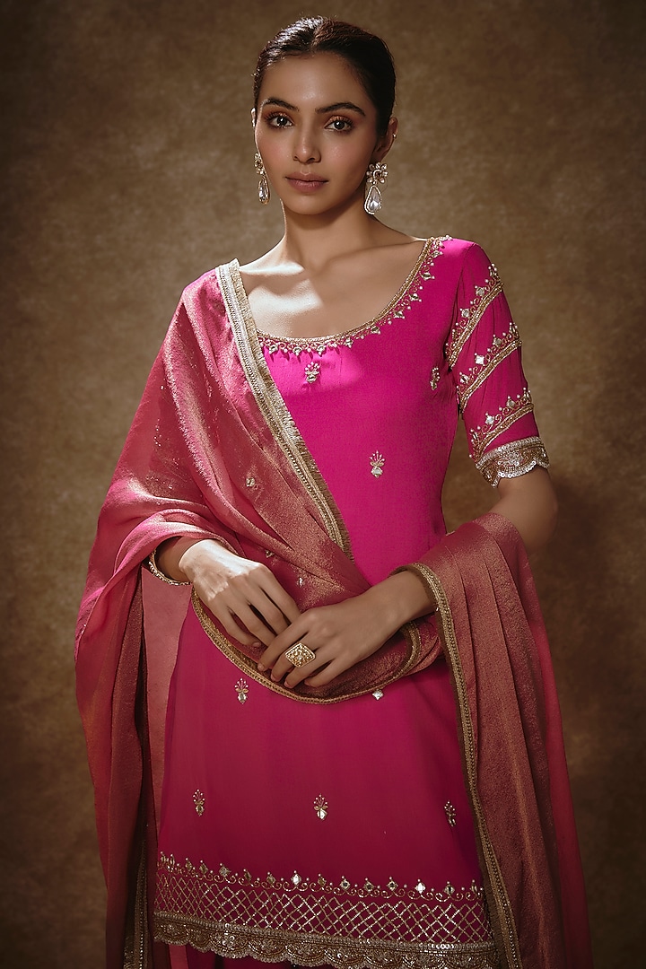 Pink Viscose Georgette Pearl Embroidered Kurta Set by Renee Label at Pernia's Pop Up Shop