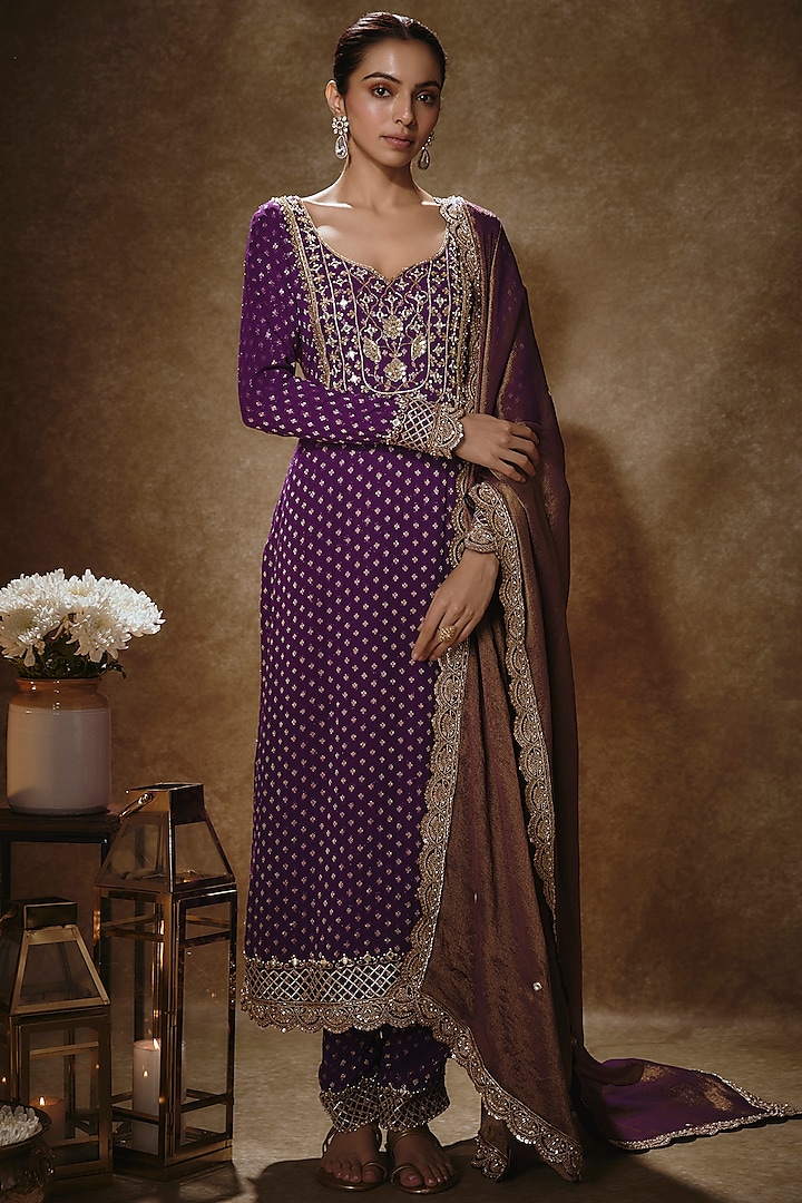 Royal Purple Banarasi Viscose Georgette Sequins Embroidered Kurta Set by Renee Label